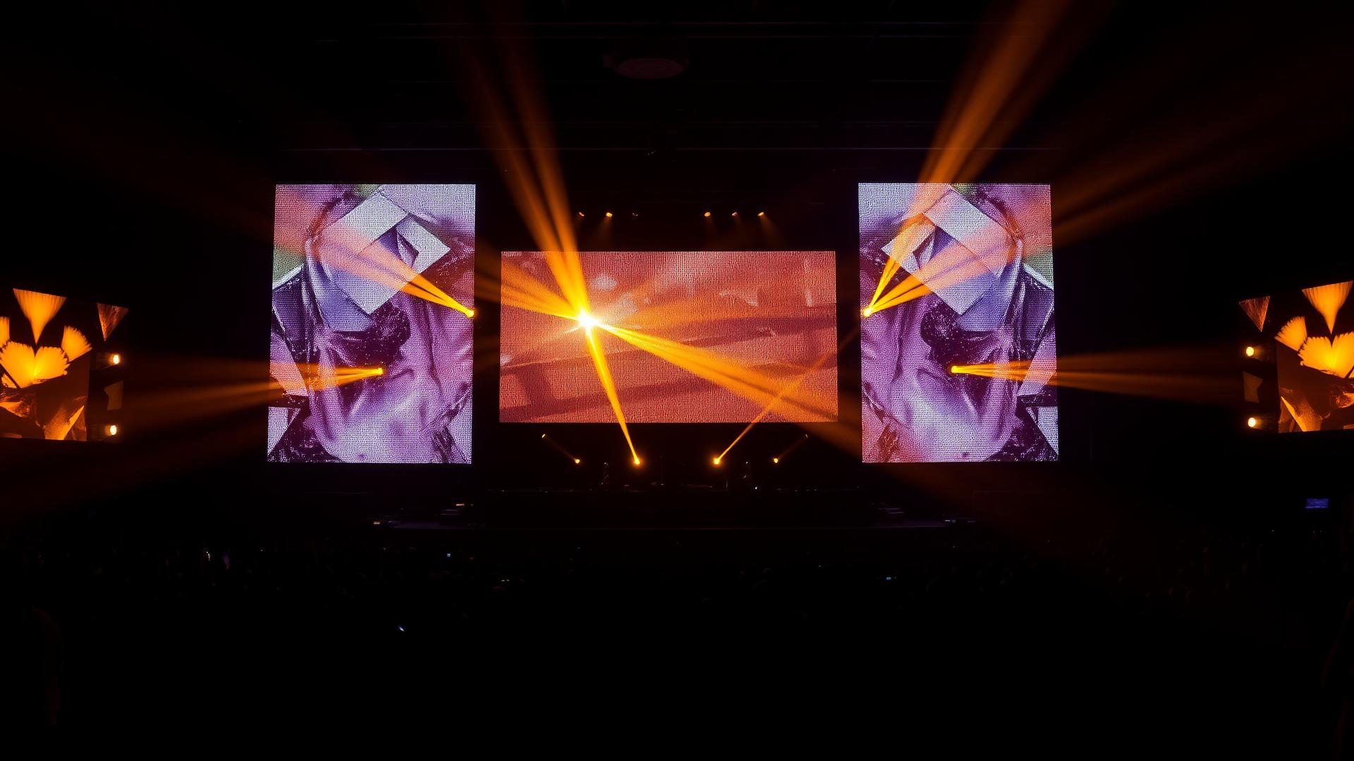 Concert stage with LED walls and dramatic lighting